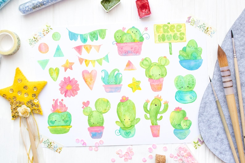 Download Cute Watercolor Cactus Clipart / Handpainted Succulent | Etsy