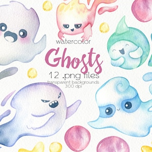 May include: Watercolor illustration featuring several cartoon ghosts in various colors, including purple, blue, and orange. The image includes text that reads "watercolor Ghosts 12 .png files transparent backgrounds 300 dpi". The ghosts have different expressions.