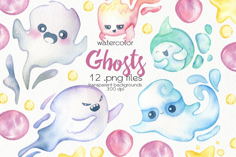 May include: Watercolor illustration featuring several cartoon ghosts in various colors, including purple, blue, and orange. The image includes text that reads "watercolor Ghosts 12 .png files transparent backgrounds 300 dpi". The ghosts have different expressions.