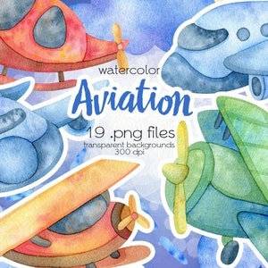 Aquarel Luchtvaart Clipart / Cartoon Cute Air Transport / Afdrukbare, Digitale PNG-bestanden / Instant Download