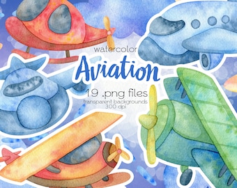 水彩画の航空クリップアート / 漫画のかわいい航空輸送 / 印刷可能なデジタル PNG ファイル / 即時ダウンロード