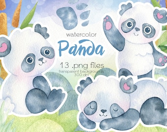 Watercolor Panda Clipart / PNG Files / Instant Download