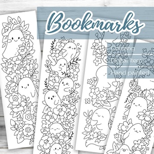 May include: Set of five printable bookmarks featuring hand-drawn illustrations of ghosts and flowers. The bookmarks are black and white and ready to be colored.