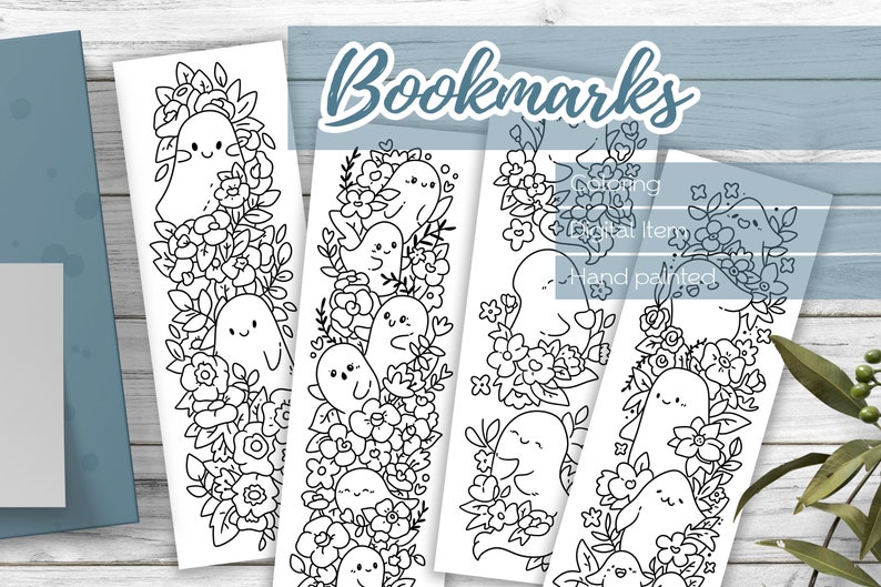 May include: Set of five printable bookmarks featuring hand-drawn illustrations of ghosts and flowers. The bookmarks are black and white and ready to be colored.