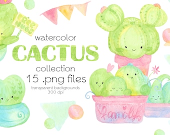 Cute Watercolor Cactus Clipart / Handpainted  Succulent clipart / Digital PNG Files / Instant Download