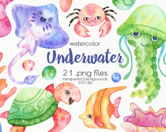 Watercolor Underwater Clipart / Sea Creatures / Jellyfish, Stingray, Whale, Turtle, Fish / PNG Files / Instant Download