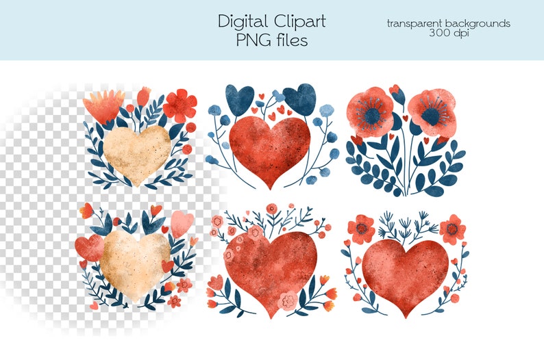 Heart Clipart Bundle PNG, Valentine Floral Love Graphics, Watercolor ...