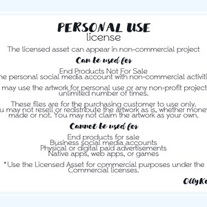 May include: A white background with text detailing the terms of a personal use license. The text is in black, with headings in a stylized font. Floral watercolor accents frame the text. The license outlines permitted and prohibited uses of the artwork.