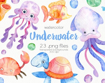 Watercolor Underwater Clipart / Sea Creatures / Jellyfish, Squid, Sea Horse, Turtle, Fish / PNG Files / Instant Download