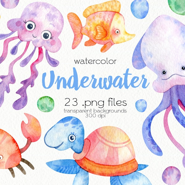 Watercolor Underwater Clipart / Sea Creatures / Jellyfish, Squid, Sea Horse, Turtle, Fish / PNG Files / Instant Download