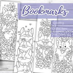 May include: Set of four black and white printable bookmarks featuring cute cartoon corgis with flowers. Coloring page for adults and kids. Digital download.