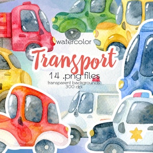 Lindos coches de dibujos animados / imágenes prediseñadas de transporte de acuarela / imprimibles, archivos PNG digitales / descarga instantánea