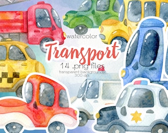 かわいい漫画の車 / 水彩の交通機関のクリップアート / 印刷可能なデジタル PNG ファイル / 即時ダウンロード