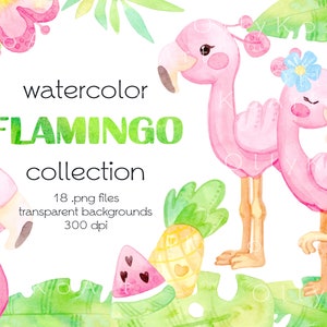 Watercolor Cute Pink Flamingos Clipart / Tropical Leaves and Flowers / Monstera / Watermelon / Pineapple / Digital PNG Files