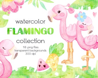 Watercolor Cute Pink Flamingos Clipart / Tropical Leaves and Flowers / Monstera / Watermelon / Pineapple / Digital PNG Files
