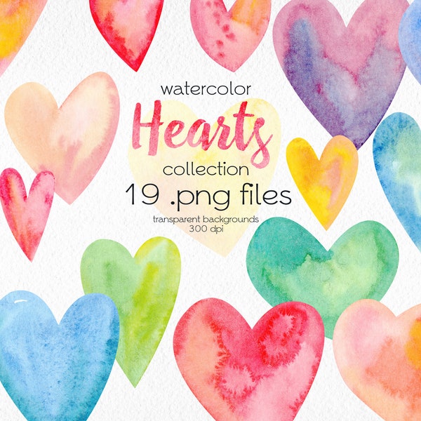 Watercolor Hearts Clipart / Hand Painted Hearts / Valentines Day Graphics / Digital PNG Files / Instant Download