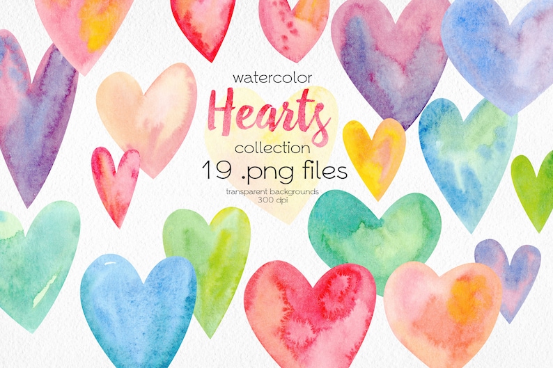 K&ouml;nnte beinhalten: Eine Sammlung von 19 Aquarellherzen in verschiedenen Farben, darunter Rosa, Blau, Gr&uuml;n, Gelb und Lila. Die Herzen sind in einem lockeren, flie&szlig;enden Stil gemalt und haben ein weiches, romantisches Gef&uuml;hl. Der Text "watercolor Hearts collection 19 .png files transparent backgrounds 300 dpi" ist in wei&szlig;er Schrift auf gelbem Hintergrund geschrieben.