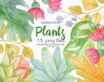 Watercolor Tropical Leaves Clipart / PNG Files / Instant Download