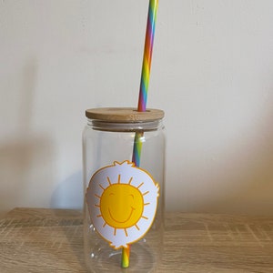 Funshine bear can glass with straw. 16oz. Glass can coffee. Coffee glass. Birthday Gift. Care Bears. Care bear glass. 40th birthday gift.