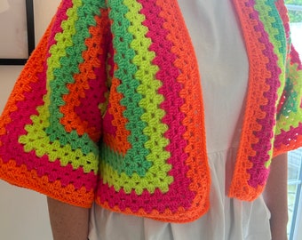 Neon. Campfire cardigan. Granny square cardigan. Crochet cardigan. Handmade ladies cardigan. Handmade cardigan. Hexagon cardigan. 80s.