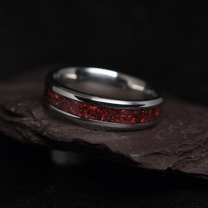 Stainless Steel Ruby Red Opal Inlay Ring 6mm
