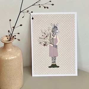 Ansichtkaart zebra met boeket - groeten