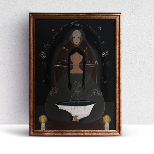Folktale Illustration - Gipsy Folktale Art Print - Sorceress Art print - Gipsy Folklore - Funeral Drawing - Witchy Wall Art - Gipsy Ritual