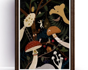 Fairy Land Illustration - Mushroom Drawing - Dark Room Decoration - Fairytale Print - Black Amanita Mushroom - Faeries Miniature World