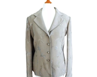 Albert Nipon Womens Designer Vintage Beige & Silver Floral Embroidered Suit Jacket Blazer Size UK 10