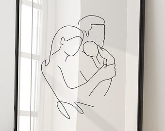 Family Line Art, Family Drawing, New baby gift, Family Portrait, New Baby, Gift for Mom, Baby Shower Print Gift, New Baby Print, Baby Print