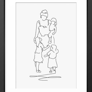 Mother and Children Art, Line Art, Family Drawing, Mothers Day Print, Mum Print, Mum Art, Mom Gift, Mother and Daughters Print, Mum Portrait