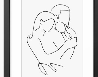 Familjekonst, Familjeteckning, Nyföddpresent, Familjeporträtt, Konstteckning, Linjeteckning, Nyfödd, Present till mamma, Speciell, Väggkonst, Mamma