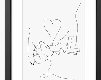 Line Drawing Hands, Line Drawing Print, Line Art Hand, Line Drawing Wall Art, Line Drawing Couple, Hands, Love Print, Minimalist Art, Heart