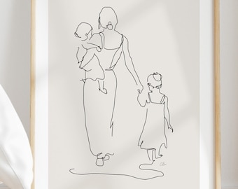 Personalised Family Print, Mother and Daughters Art, Line Art, Family Print, Family Drawing, Gift for Mom, Mum, Personalised Print Gift, Art