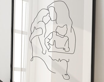 Mutter und Kinder Kunst, Familie Kunstdruck, Mutter und Tochter Kunst, Linie Zeichnung, Mutter Druck Geschenk, Mutter Kunstdruck, Mutter Porträt