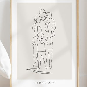 Gepersonaliseerde familieafdruk, gepersonaliseerde illustratie, familielijntekeningen, familietekening, gepersonaliseerd familiecadeau, familiemuurkunst, tekening