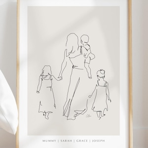 Personalised Family Print, Mother and Children Art, Drawing, Personalised Print gift for mum, Mom, Mummy Print Gift, Family Illustration Art
