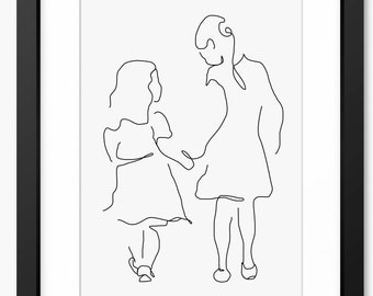 Sister Print, Sister Gift, Family Print, Daughters, Sister Artwork, Wall Art, Line Art, Gifts for Mom, Mum, Holding Hands, Children Prints