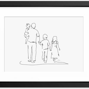 Vader en kinderen kunst, familieportret, vaderdag print, vader illustratie, zeer fijne tekeningen, lijntekening, vader kunst aan de muur, cadeau voor papa