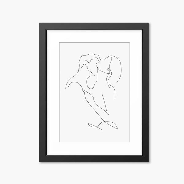 Art intime, dessin au trait couple baiser, art mural romantique, art romantique, décoration murale art amour, dessin au trait couple minimaliste, couple dessin au trait