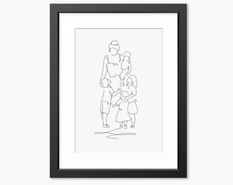 Familie Print, Familienportrait, Family Line Art, Familienzeichnung, Familienillustration, Muttertag, Geschenk für Mama, Mama, Mutter und Kinder