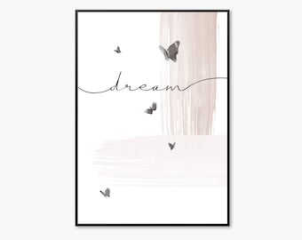 Träumen Sie, Druck, Schlafzimmer-Druck, Wandkunst, Zitat Drucke, schwarz Typografie, Skript, Zitat Druck, Schmetterling-Print, Schmetterlings-Wand-Kunst, rosa Druck