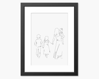 Familiendruck, Familienzeichnung, Familienwandkunst, Familienillustration, Familienlinienkunst, Muttertagsgeschenk, Kunst für Mama, Mutter, Mutter und Kinder