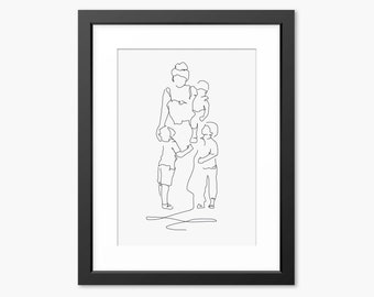 Line Art, Line Drawing, Family Print, Family Line Art, Mother and Sons Print, Family Illustration, Gift for Mom, Mum, Mothers Day gift, Art