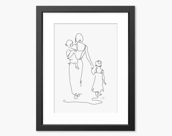 Mother and Daughters Art, Line Art, Family Print, Line Drawing, Gifts for Mom, Mum, Family Love, Personalised Print, Wall Art, Daughter