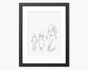 Mutter und Kinder Kunst, Mutter und Kinder Illustration, Muttertag Druck, Muttertag Kunst, Mutter und Kinder Zeichnung, Familienporträt