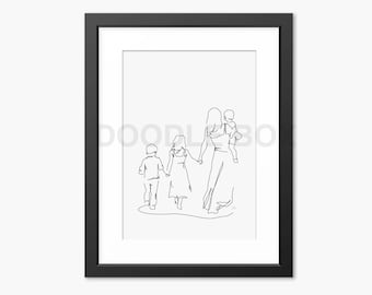 Mother and Children Art, Mother and Children Illustration, Mothers Day Print, Mothers Day Art, Mother and Children Drawing, Family Portrait