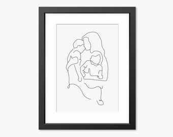 Familie Druck, Familie Illustration, Familie Linie Kunst, Linie Kunst, Geschenk für Mama, Mutter, Muttertagsgeschenk, Mutter und Kinder Kunst, Familienkunst, Druck