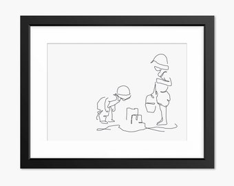 Children Wall Art, Beach Landscape Print, Brother and Sister Wall Art, Line Drawing Print, Mothers Day Gifts from Kids, Line art