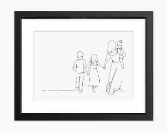 Familie Illustration, Mutter und Kinder Kunst, Mutter und Kinder Wandkunst, Geschenk für Mutter, Familienzeichnung, Muttertagsgeschenk, Mutterlinie Kunst